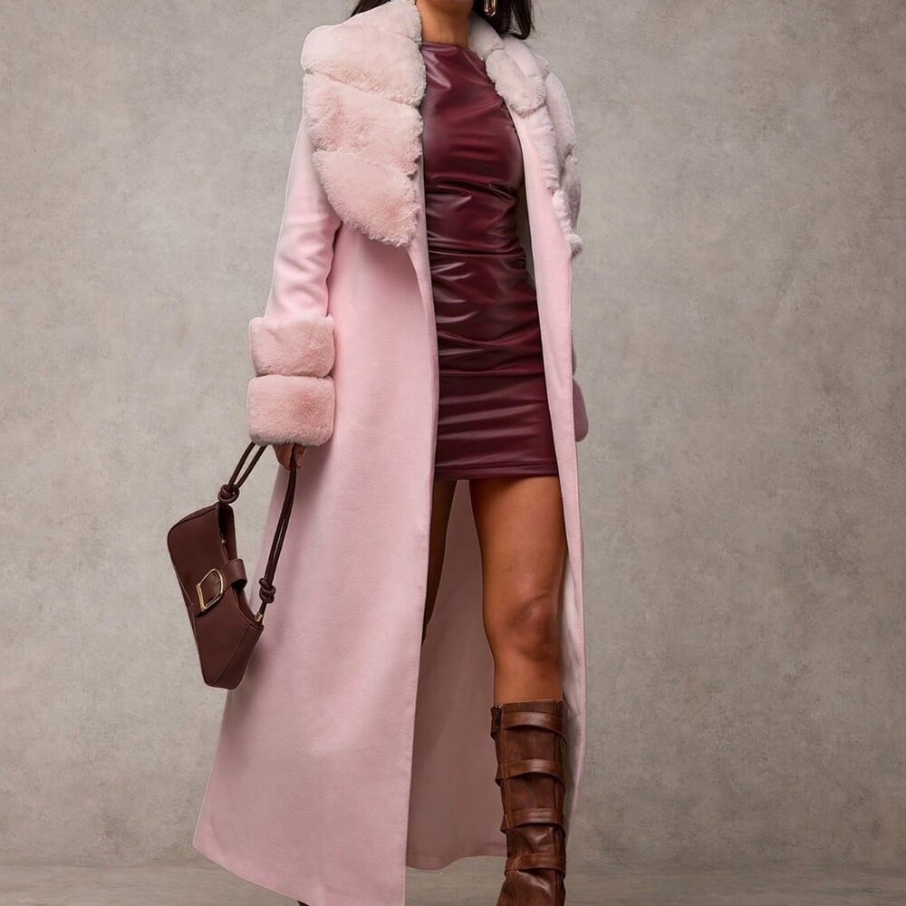 Dusty Pink Elegant Women's Faux Fur Shawl Collar Long Sleeve Coat